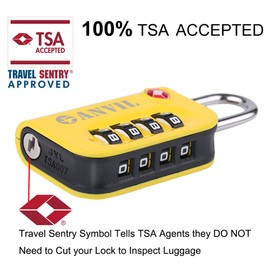 ANVIL TSA Approved Luggage Lock - 4 Digit Combination, 10,000 Combinations, Easy-Read Password Window, Travel Lock for Suitcases, Backpacks, Gym & Student Lockers, Baggagee (Yellow 4 Pack)