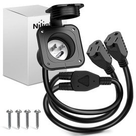 Nilight 15 AMP RV Power Flanged Inlet 125V AC Port Shore Receptacle with Extension Cord ETL Listed NEMA 5-15P Plug (2) 5-15R Female Outlet for Camper Generator Shed Motorhome