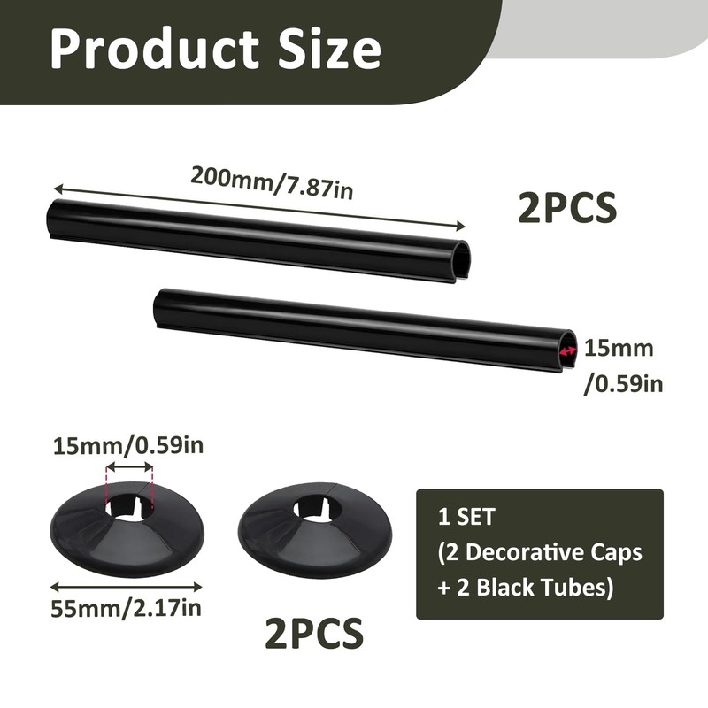 2 Pack Black Radiator Pipe Covers, 15mm x 200mm Matt