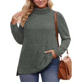 VISLILY Oversized Plus Size Sweaters Cute Pullover Shirts Casual Turtle Neck Lightweight Loose Fit Tunic Women's Tops 2Xl Green