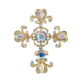Alilang Antique Inspired Golden Tone Sparkly Aurora Borealis Pastel Holy Cross Brooch Lapel Pin & Pendant