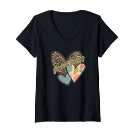 Womens Physical Therapy Vintage Heart Leopard Print V-Neck T-Shirt
