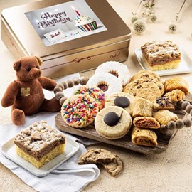 Dulcet Gift Baskets Happy Birthday Deluxe Bakery Mix of Assorted Cookies and Pastries with Decorative Teddy Bear for Women, Friend, College, Couples, Mom, Dad, Wife, Daughter, Him and Her.