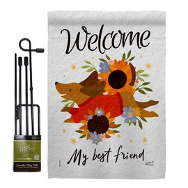 Welcome Best Friend Garden Flag Set with Stand Animals Dog Puppy Spoiled Paw Canine Fur Pet Nature Farm Animal Creature Small Decorative Gift Yard House Banner Made In USA 13 X 18.5
