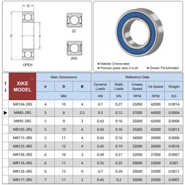 XIKE 10 Pcs MR85-2RS Mini Ball Bearings 5x8x2.5mm, Bearing Steel and Double Rubber Seals, Pre-lubrication, MR85RS Deep Groove Ball Bearing with Shields.