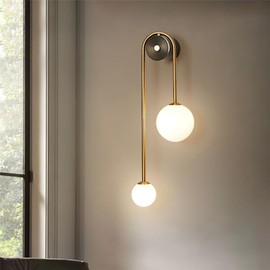 NIUYAO Wall Sconce Brass Arc Wall Lamp Postmodern 2-Head with Ball Opal Glass Shade Metal Sconce Light for Bedroom Living Room