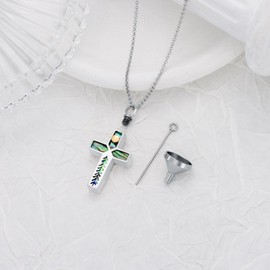 MEIDERBO Cross Urn Necklace for Ashes 925 Sterling Silver Cremation Jewelry with Funnel Filler Kit Abalone Ashes Necklace for Women Men Pets