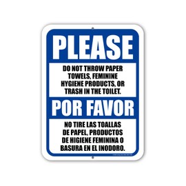 Honey Dew Gifts, Do Not Throw Paper Towels Feminine Hygiene Products in Toilet, English Spanish Español Bilingual Signs, 9 inch by 12 inch, HDG-1606