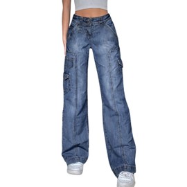 Y2k Cargo Jeans for Women Gothic Straight Leg Baggy Denim Pants Teen Girls Goth Punk Streetwear Jeans