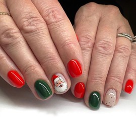 Christmas Press on Nails Short Square Artificial Acrylic False Nails Cute Santa Claus Design French Fake Nails Full Cover Glossy Coffin Nails Glue on Nails for Women Nature Fit Stick on Nails Set