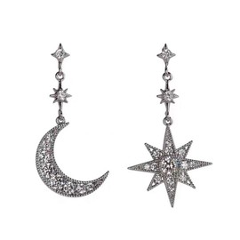 Vintage Moon Star Crystal Asymmetrical Dangle Drop Earrings Silver Sun Earrings for Women