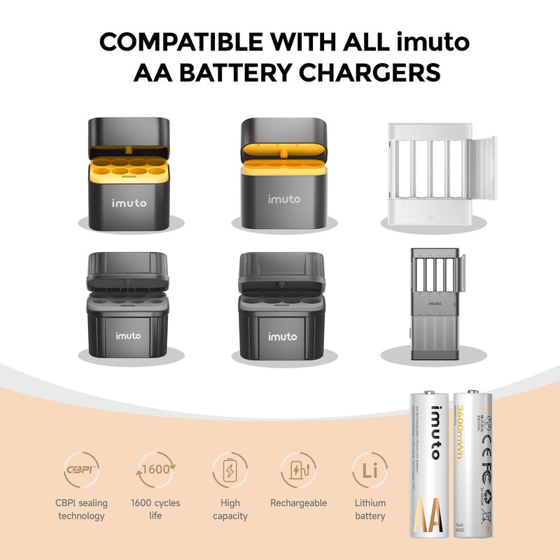 imuto Rechargeable aa Batteries, 3600mWh aa Lithium Batteries 8 Pack,