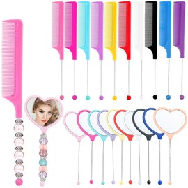 Frinnovan 10 Pack Beadable Combs DIY with 10 Pack Beadable Handheld Heart Mirrors Set Plastic Rat Tail Hand Handle for Crafts Portable Cute Travel Makeup Mirror Round, Colorful