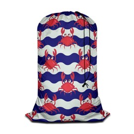 Swono Happy Red Crabs Large Laundry Bag Washable Large Dirty Clothes, Nautical Cute Crab Striped Drawstring Organizer Bag, Fit Hamper Basket Camp Travel Home College Dorm, Blue White