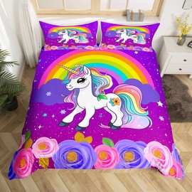 Cute Unicorn Kids Duvet Cover Set Queen Size,Rainbow Stars Cloud Dreamy Bedding Set,Girls Women Room Decor,Cartoon Animals Roses Castle Comforter Cover,Pink Purple Romantic Quilt Cover,2 Pillowcases