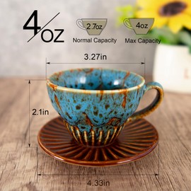 YINUOWEI Tea Cups and Saucers- 4oz Stackable Ceramic Espresso Cups & Cappuccino Cup Set of 2 for Coffee, Latte, and Tea, Durable Glazed Blue Porcelain tea Set & Modern Latte Cup Collection