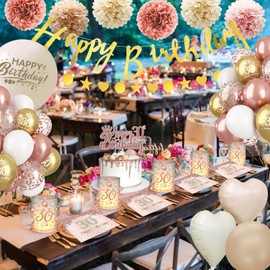 Decorative 30th Birthday Woman, WINAROI 30 Rose Gold Balloons Decoration with Lantern Table Decoration, Happy Birthday Banner, Napkins, Pompoms for 30th Birthday Women Decoration
