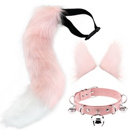 Long Fox Tail Cosplay Faux Fur Fox Wolf Tail Kit with Ears and Bell Collar for Children Girls Boys Teens Women Kids Party (65 cm) (Pink & White), pink / white
