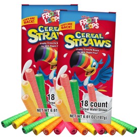 2025 Kellogg's Cereal Straws Froot Loops Edible Breakfast Straw Alternatives for Milk, 90's Childhood Nostalgic Treat for Drinking and Eating, Cereals for Kids, Pack of 2, 36 Straws