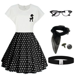 1950s Poodle Skirts Sock hop Outfits Women 50s Poodle Dress with Belt Glasses Earrings and Scarf(Z3755BK,M)