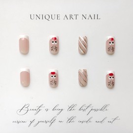 Cute Short Press on Nails Christmas Reindeer Fake Nails White French Tip Acrylic Nails Xmas Square Short False Nails Glossy Pink with French Glitter Glue on Nails for Women Girls