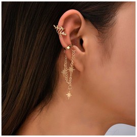 Yheakne Boho Star Cuff Chain Earrings Gold Northstar Wrap Chain Earrings Star Cartilage Chain Earrings Chain Tassel Dangle Earrings Long Chain Drop Earrings Jewellery for Women and Girls