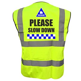 RIDERCAM PLEASE SLOW DOWN Hi Viz Vis Vest Cycle Bike Reflective Waistcoat Jacket Safety Road Safety Visibility Large