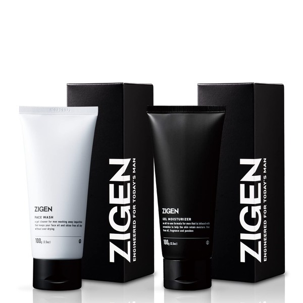 ZIGEN Men's Facial Cleanser & All-in-One Gel, Lotion, Serum, Emulsion Cream, 4-in-1, 2-Step Skin Care, 3.5 oz (100 g) Each
