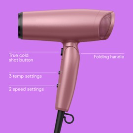 Conair Hair Dryer with Diffuser and Folding Handle, 1875W Travel Blow Dryer with Concentrator, Radiance Boost with Nano-Quartz Ceramic for Less Frizz, More Shine, and Silky Hair, Dusty Rose