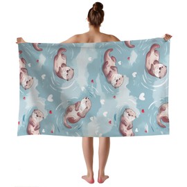 WZOMT Microfiber Otter Beach Towel Cute Sea Otter Light Blue Bath Towel, Otter Beach Blanket Towel for Women Girls Kids, Soft Lightweight Sandproof Pool Towel for Travel Swim, Oversized 32X52