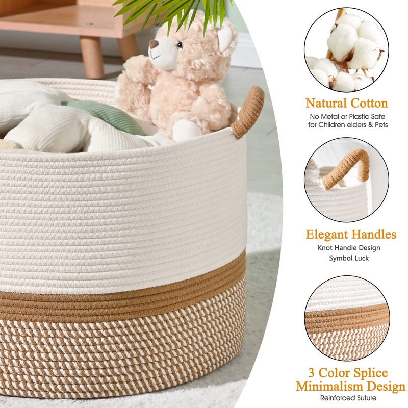KAKAMAY Large Blanket Basket (20"x13"),Woven Baskets for storage Baby Laundry