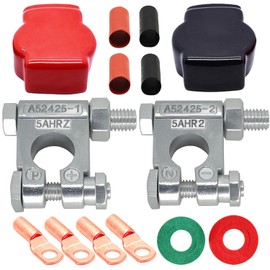 DLronwey Battery Terminal Connectors,Military Spec Positive Negative Heavy Duty Battery Terminals with 4 pcs 2 Gauge 3/8" Copper Lugs,4 Heatshrink,2 Cover and Anti Corrosion Washers