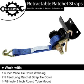Ladder Rack Straps, W/J-Hook (4PCS), Blue Ladder Rack Ratchet Straps, 2" Black Round Tube Mount, 1.5" Wide x 7.5' Long, 500 lbs Load Heavy Duty, Truck/Lumber Rack Strap, Pipe/Roof Rack Straps