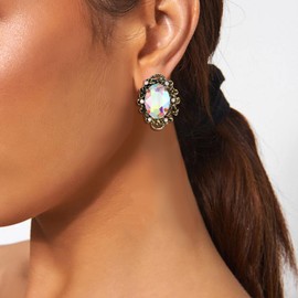 Clearine Women's Victorian Style Crystal Flower Cameo Inspired Oval Clip-On Stud Earrings, Crystal