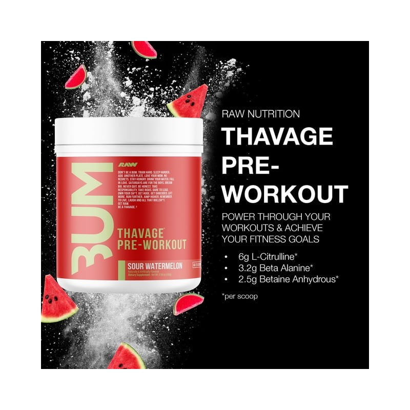 Polvo Pre-Entreno RAW Thavage Sandía Ácida 510g 40 Porciones