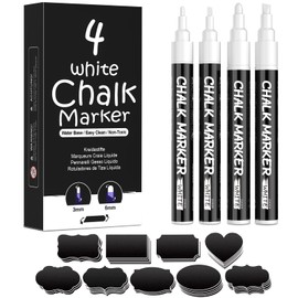 YYSHUS Chalk Pens for Windows - Chalk Pens for Blackboard Washable Reversible Pen Tip - with Wipe-Clean Labels - White Chalk Pens for Mirrors, Glass, Blackboard, Storage Containers - Pack of 4