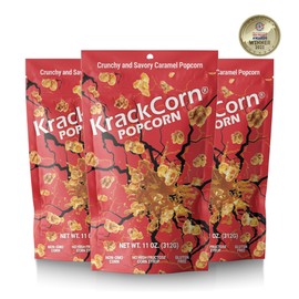 KrackCorn Caramel Popcorn, Gluten-Free, Non-GMO, Sweet and Salty Snack, No High Fructose, Guilt Free, Non Greasy Delight Ideal for Family Parties, 11 Oz, Pack of 3