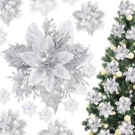 15 Pieces Glitter Poinsettia Christmas Decorations,Artificial Flowers Christmas Tree Ornaments,for New Year Wedding Xmas Wreath Home Party Decor (Silver)
