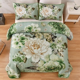 WONGS BEDDING Floral Quilt Set Queen, Sage Green 3 Pieces Elegant Flower Bedspread Coverlet for All Season Soft Microfiber Lightweight Reversible Quilt Bedding Set with 2 Pillow Shams 96"X90"
