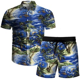 YAOGRO - Conjunto de 2 piezas para hombre con diseño floral hawaiano para festivales, océano azul, XX-Large