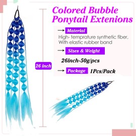 Colored Hair Extensions With Hair Tie,26 inch 1pcs Colorful Bubble Ponytail Extensions,Bubble Ponytail for Girls Festival Party Rave Crazy Hair Day(Dark Blue to Light Blue)