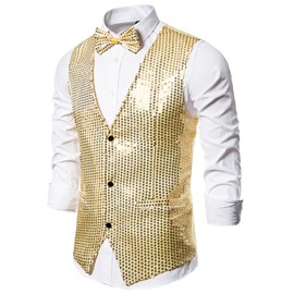 Men's Shiny Sequin Vest V-Neck Regular-Fit Party Dress Suit Waistcoat Bowtie 2 Pieces Set (Gold, S)