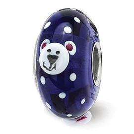 Bead Charm White Sterling Silver Glass Blue Reflections Hand Painted Roly Polar Bear Fenton