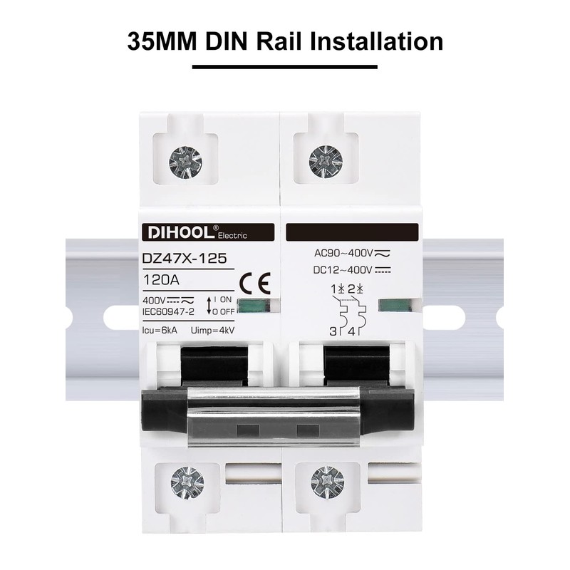 DIHOOL Solar Disconnect Switch, 120 Amp 2 Pole, DIN Rail