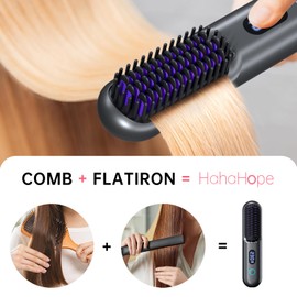 Hahahope Cordless Hair Straightener Brush - 224 Million Negative Ions Portable Straightening Brush,9600mAh Batt Mini Hot Straightener Comb for Travel,Charge & Plug Dual Usage