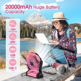 Portable Fan Rechargeable, 20000mAh Cordless Battery Powered Table Fan with LED Lantern, USB C Battery Operated for Camping Tent Office Beach Desk Fishing Travel Home