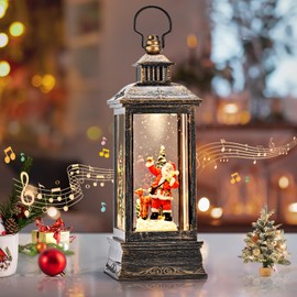 Christmas Snow Globe Lantern Built-in Santa Cute Dog Projection Christmas Snow Globe with Music and Timer Lighted Water Globe Lantern Swirling Glitter Christmas Decorations
