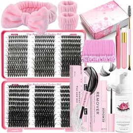 DNSGOOR DIY Lash Extension Kit 590Pcs 9-18mm D Curl Lashes Clusters with Bond and Seal Glue Remover Lash Shampoo Cleansing Brush Headband Wristband Tweezers Eyelash Brush Applicator