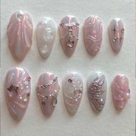 24Pcs Pink Press on Nails Medium Almond Fake Nails Silver Butterfly with Star Rhinestones Design Glitter Full Cover Artificial Glue on Nails Spring Summer False Nails Cute Stick on Nails for Women DIY