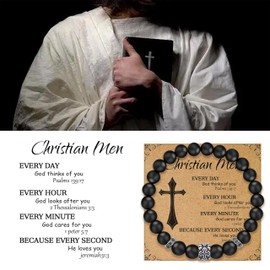 Flybar Religious Bracelet 8mm Black adjustable Beaded Cuff Charm Bracelets for son Husband Elegant Cross Bracelet, S (6"-6.5"), Stone, Agate